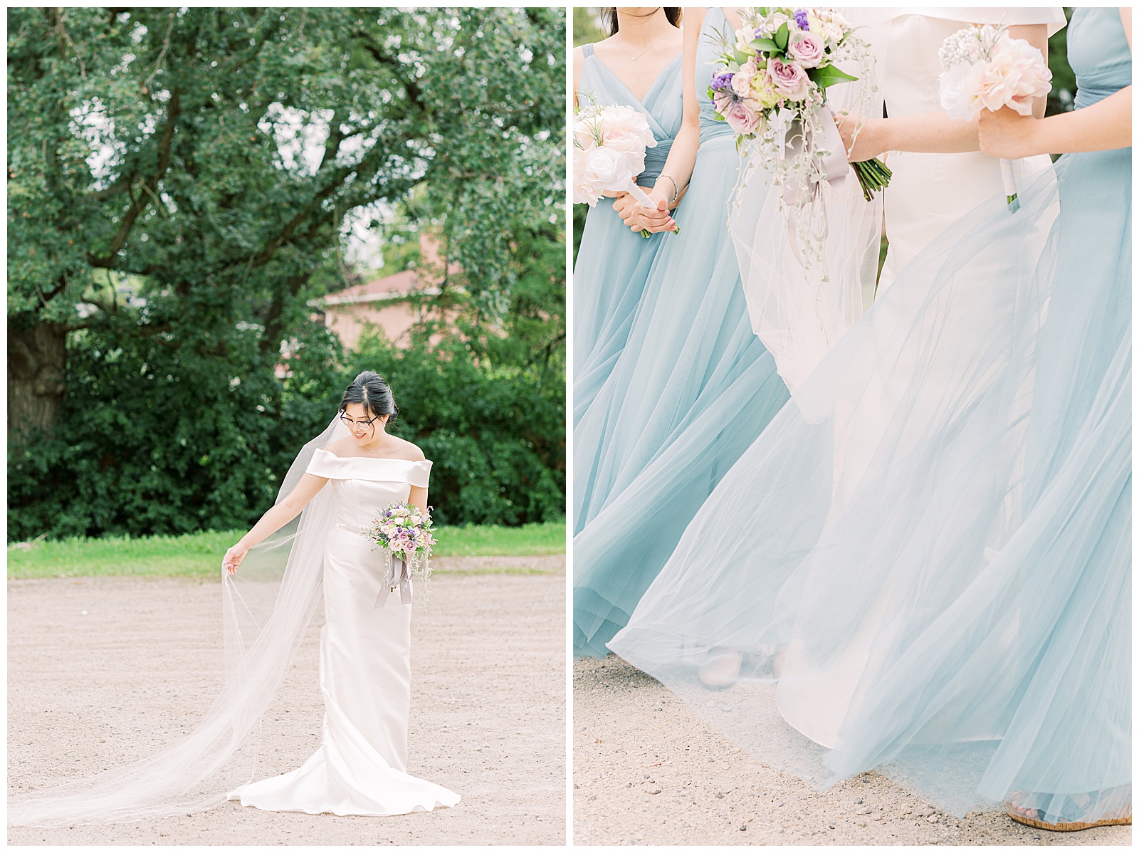 Bride with veil, bridemaids dresses blowing in wind