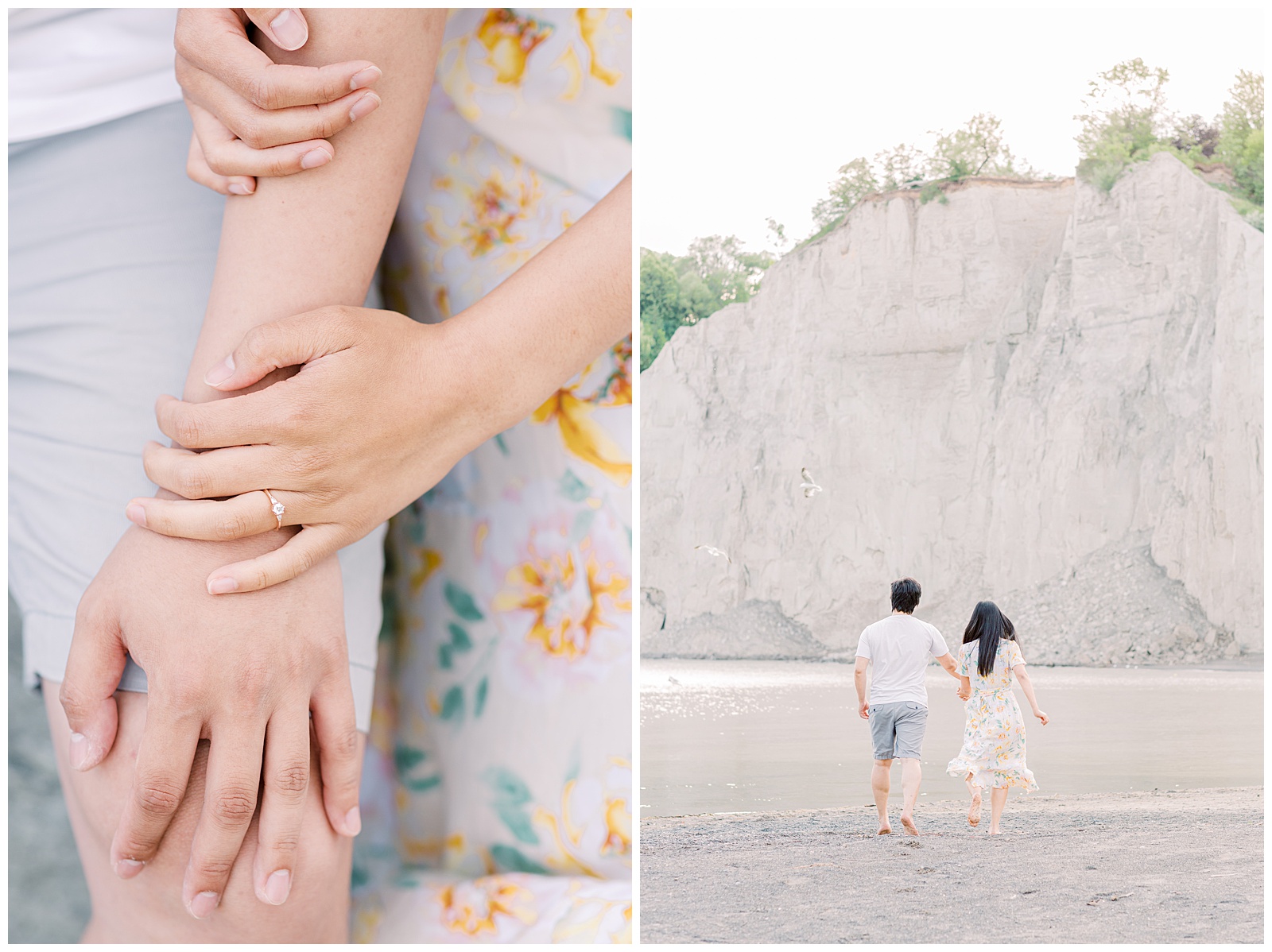 Couple running at Scarborough Bluffs, engagement ring