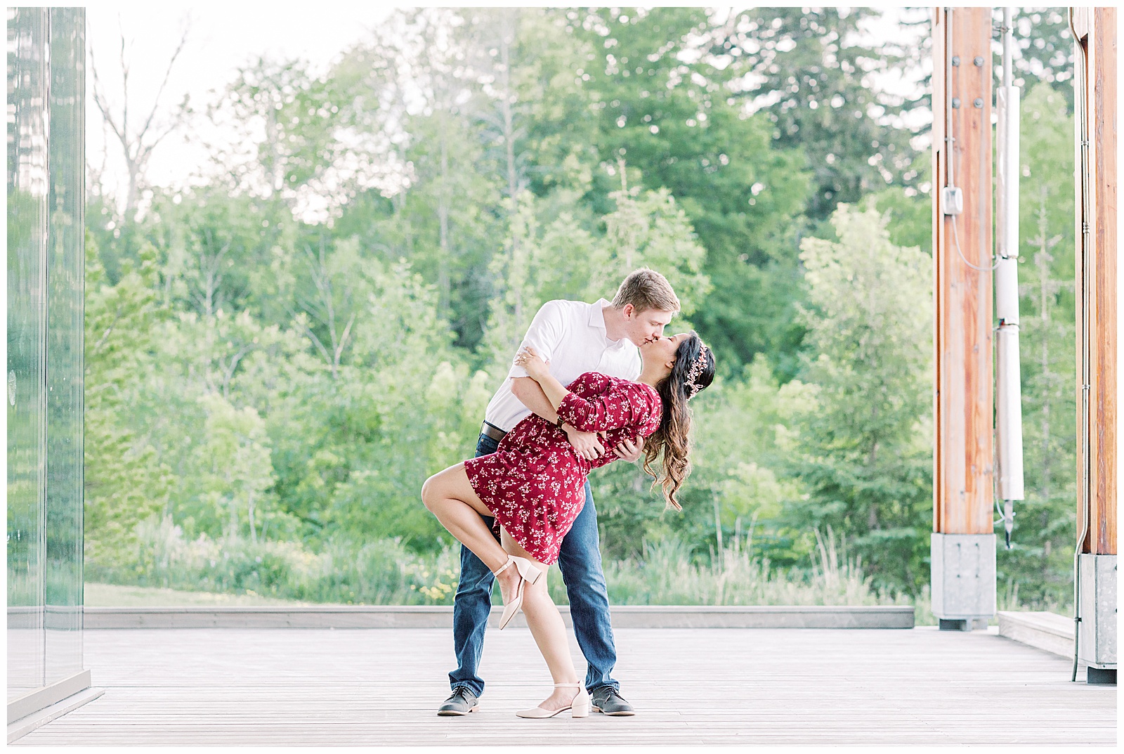 Wilcox Lake Engagement Session Couple dip kiss